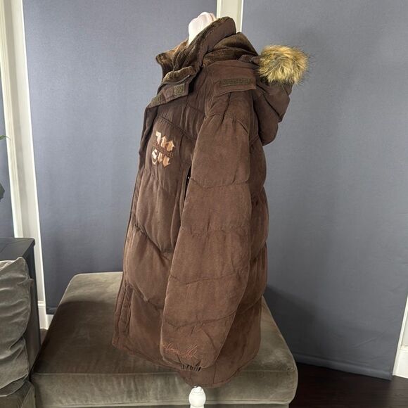 Vintage Makaveli Branded Tupac RARE Brown Puffer Jacket Hood Heavyweight L *READ - Picture 4 of 16